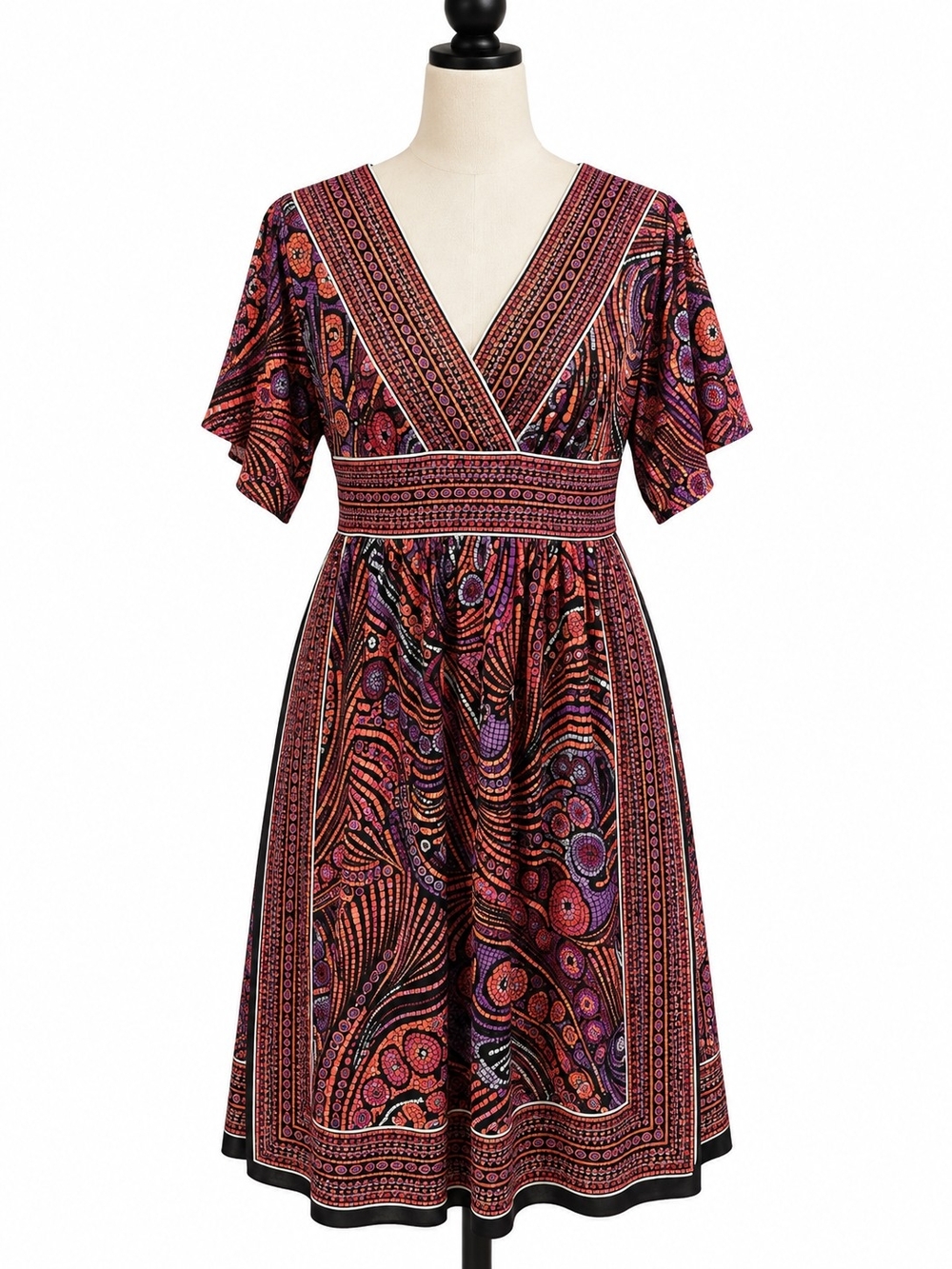 London Times Size 8 Paisley Border Print Fit Flare Dress Pockets